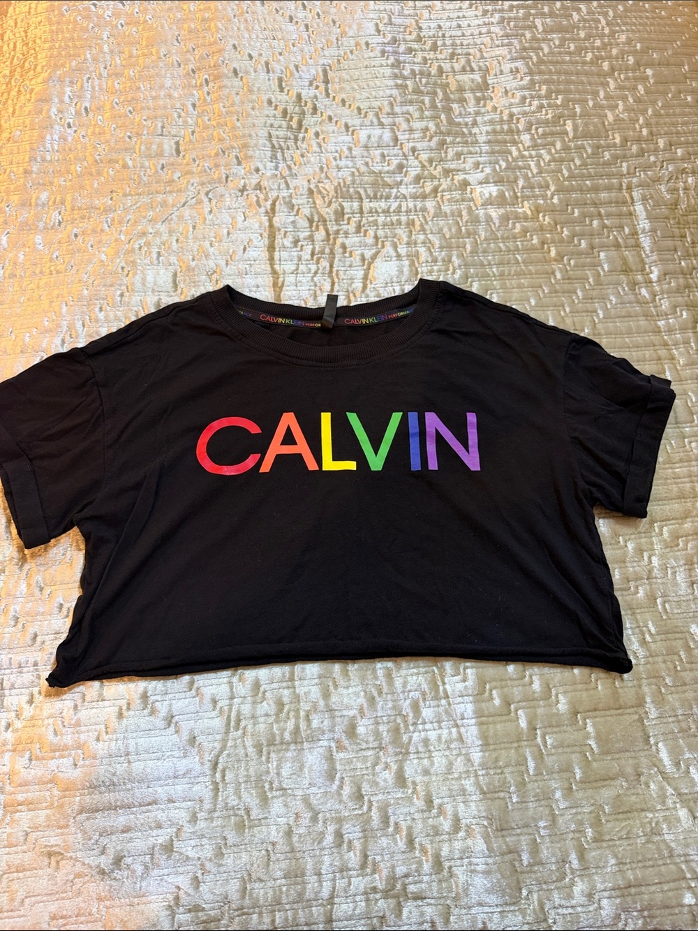 Calvin Klein Black Crop Top with Rainbow CALVIN Print